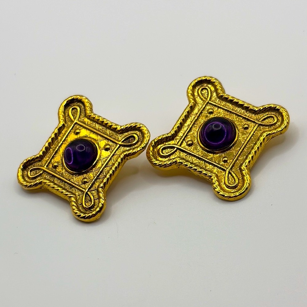 Vintage 90’s Florentine Gold & Purple Ornate Earrings Gripoix Clipons - Picture 4 of 6